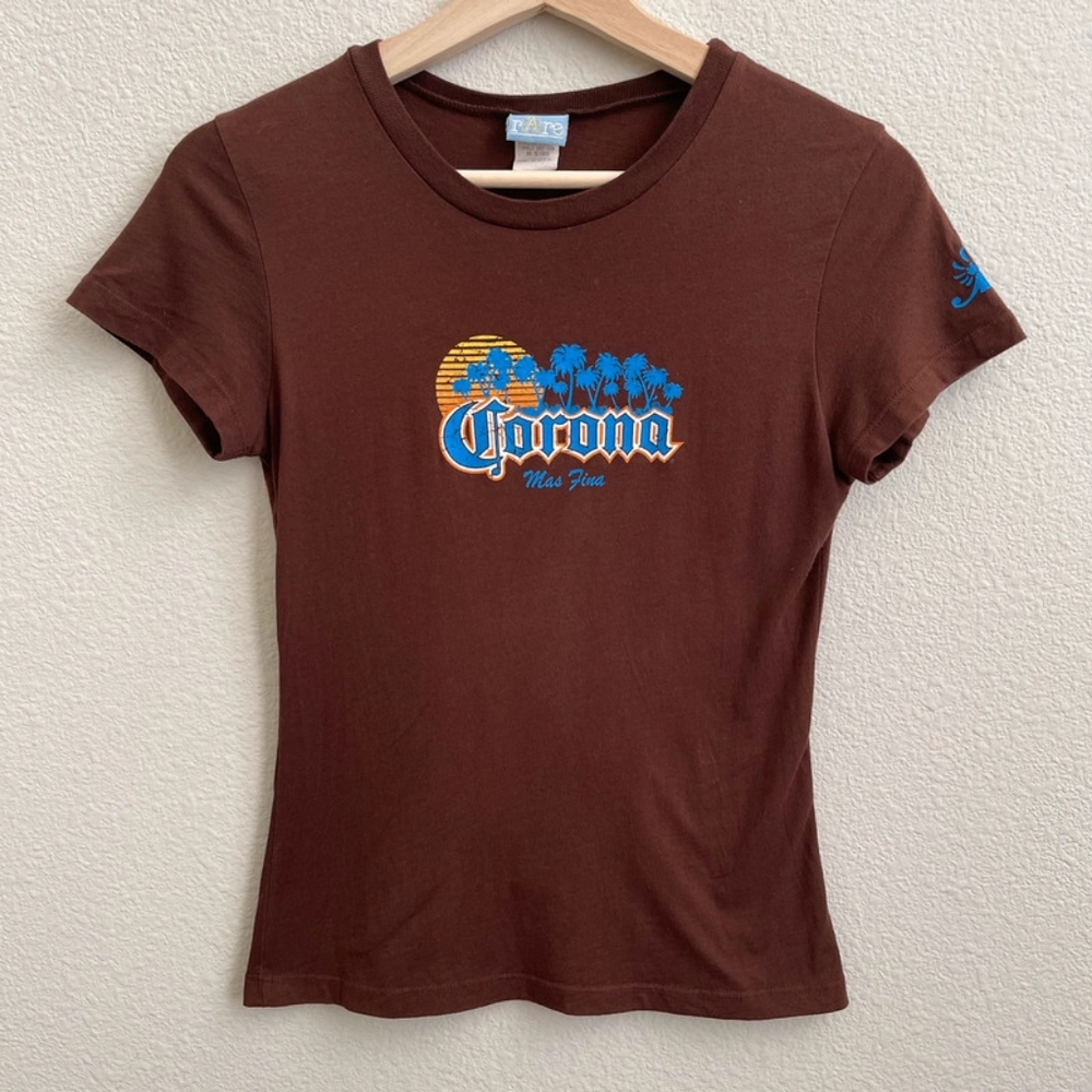 rAre Corona Las Fina Vintage Y2K Brown Blue Palm Tree Graphic Short Sleeve Tee